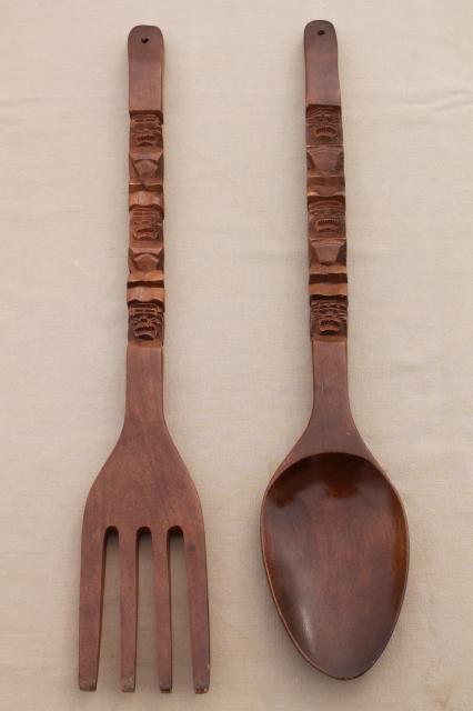 60s Vintage Carved Wood Fork Spoon, Wooden Fork And Spoon Wall Art