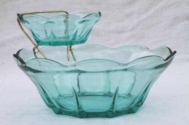 60s vintage chip n dip set, capri blue aqua glass bowls w/ wire stand