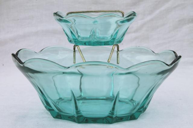 60s vintage chip n dip set, capri blue aqua glass bowls w/ wire stand