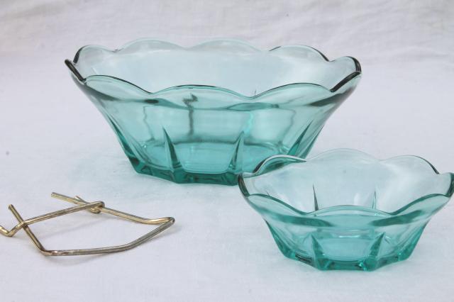 60s vintage chip n dip set, capri blue aqua glass bowls w/ wire stand