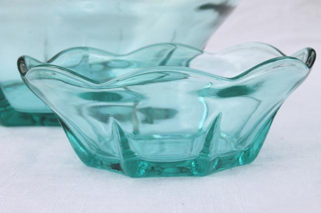 60s vintage chip n dip set, capri blue aqua glass bowls w/ wire stand