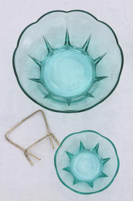 60s vintage chip n dip set, capri blue aqua glass bowls w/ wire stand