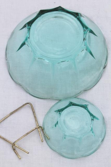 60s vintage chip n dip set, capri blue aqua glass bowls w/ wire stand