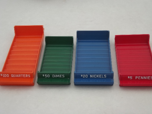 60s vintage coin sorter trays, retro red, orange, green, blue plastic