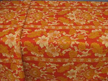 60s vintage cotton fringed bedspread, floral in gold on vivid orange