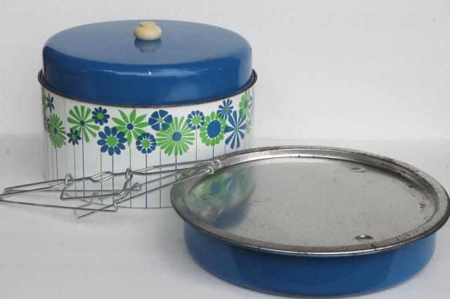 60s vintage daisy print hat box tin cake & pie carrier keeper for tailgating picnics