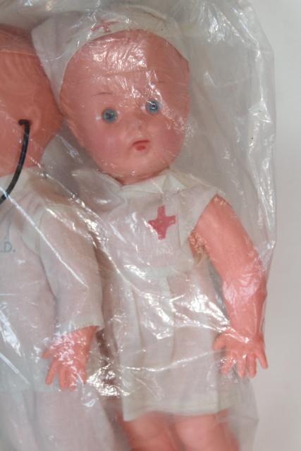 60s vintage dime store toy dolls, play doctor & nurse w/ funny original label package