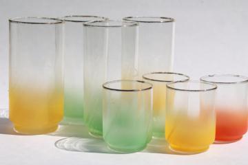 60s vintage drinking glasses, retro orange & yellow blendo color fade glass tumblers