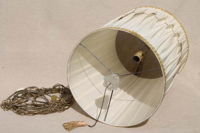 60s vintage drum shade pendant light, hollywood regency white & gold lampshade swag lamp