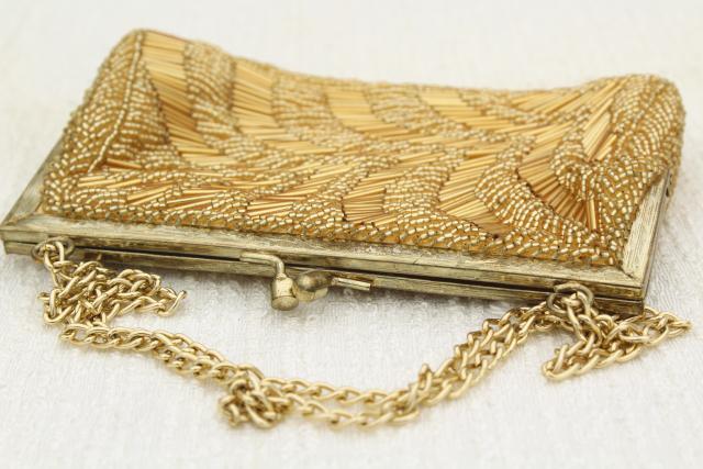 60s vintage evening bag, formal gold beaded purse w/ shoulder chain, made in Hong Kong