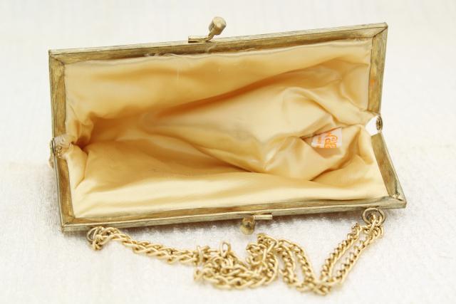 60s vintage evening bag, formal gold beaded purse w/ shoulder chain, made in Hong Kong