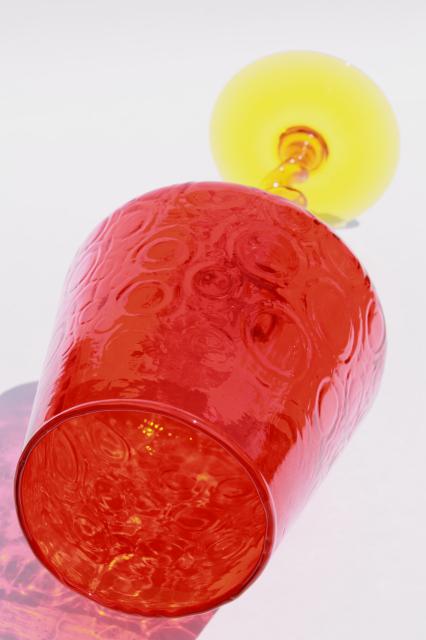 60s vintage flame orange art glass vase, mod dots huge goblet w/ twist stem