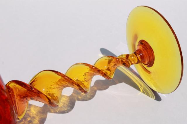 60s vintage flame orange art glass vase, mod dots huge goblet w/ twist stem