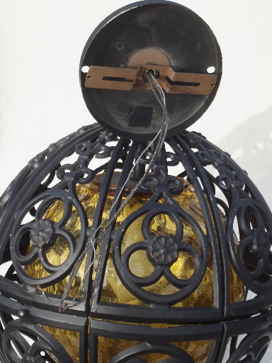 60s vintage globe pendant light, retro amber glass gothic Spanish iron hanging lamp