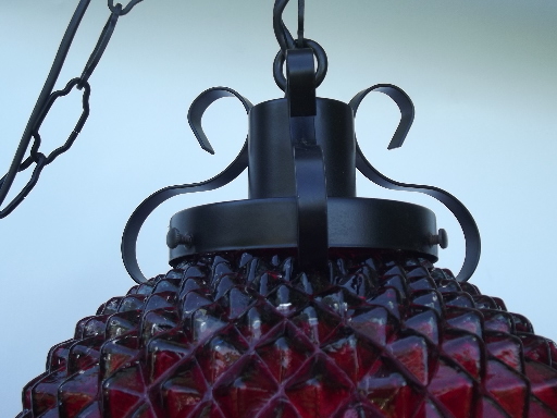 60s vintage gypsy gothic swag lamp, black iron, red stain glass shade