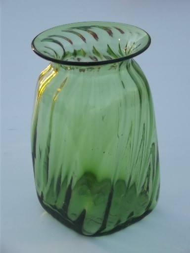 60s vintage hand blown glass vase, retro square jar shape in bottle green
