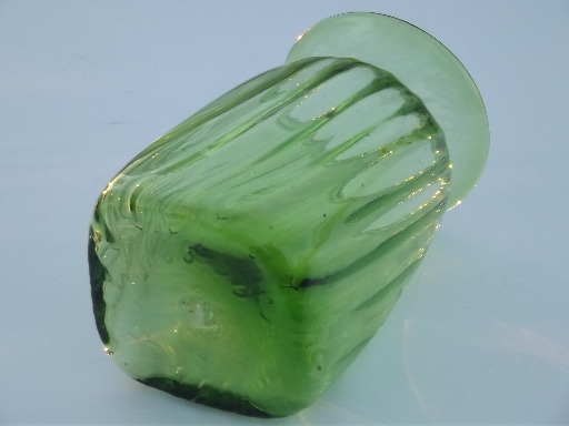 60s vintage hand blown glass vase, retro square jar shape in bottle green
