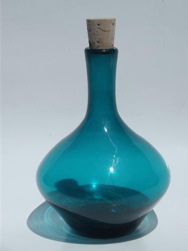 60s vintage hand-blown glass genie bottle, mod decanter w/ cork stopper