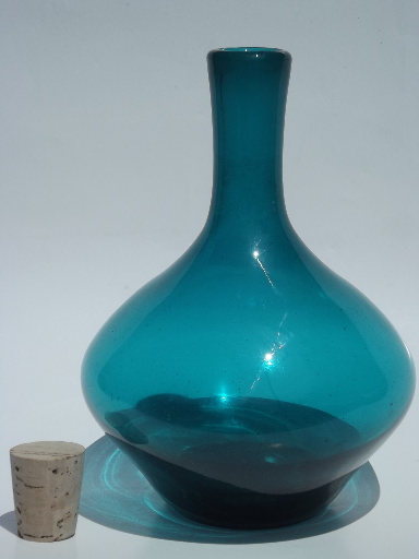 60s vintage hand-blown glass genie bottle, mod decanter w/ cork stopper