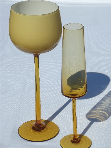 60s vintage Italian amber glass vases, long stemmed goblet, tall mod taper