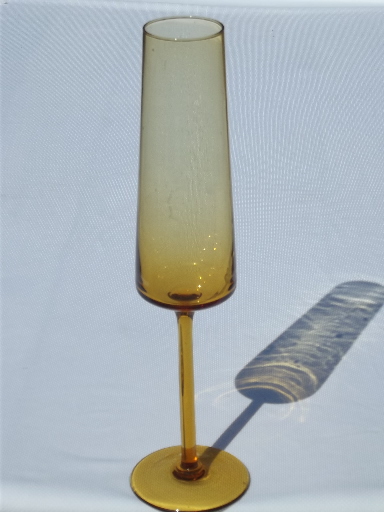 60s vintage Italian amber glass vases, long stemmed goblet, tall mod taper