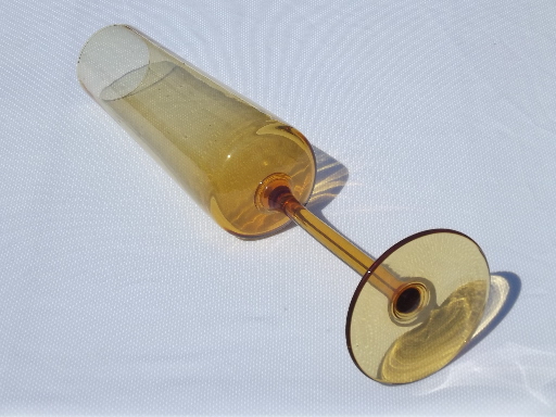 60s vintage Italian amber glass vases, long stemmed goblet, tall mod taper