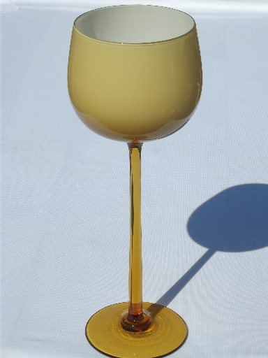 60s vintage Italian amber glass vases, long stemmed goblet, tall mod taper