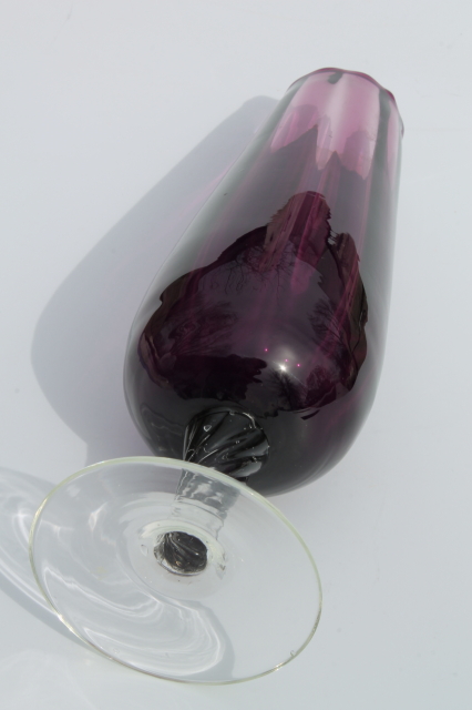 60s vintage Italian art glass vase, amethyst purple w/ crystal clear twist stem