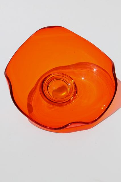 60s vintage lava orange mod formed art glass dish, square on round shape