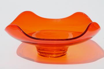 60s vintage lava orange mod formed art glass dish, square on round shape