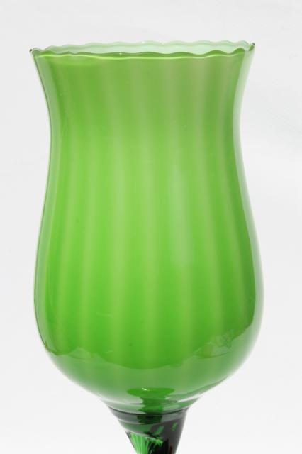 60s vintage lime green & white cased glass vase, tall mod art glass goblet w/ twist stem