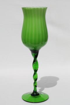 60s vintage lime green & white cased glass vase, tall mod art glass goblet w/ twist stem