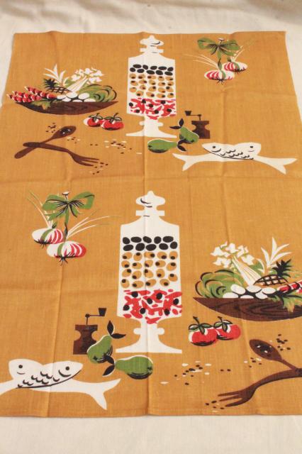 60s vintage linen weave tea towels w/ mod kitchen print, Martex label dishtowels