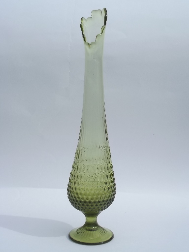 60s vintage long necked glass flower vase, tall mod retro floor vase