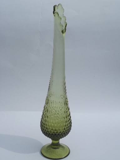 60s vintage long necked glass flower vase, tall mod retro floor vase