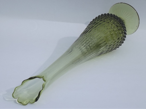 60s vintage long necked glass flower vase, tall mod retro floor vase