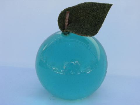 60s vintage lucite plastic paperweight, mod fruit, big teal green apple