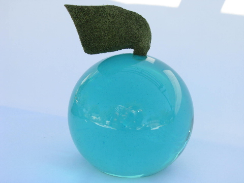 60s vintage lucite plastic paperweight, mod fruit, big teal green apple