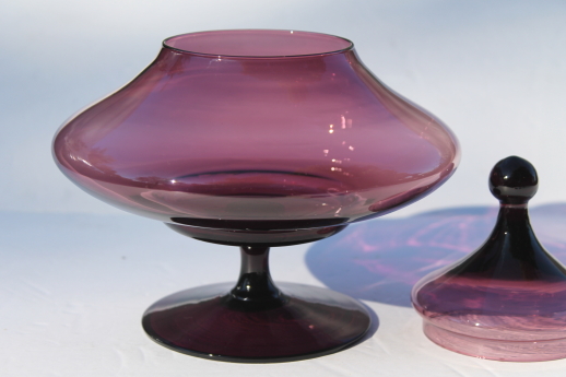 60s vintage moroccan amethyst purple glass genie jar, hand-blown art glass candy dish