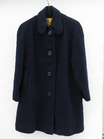 60s vintage navy blue wool boucle coat, retro school girl style
