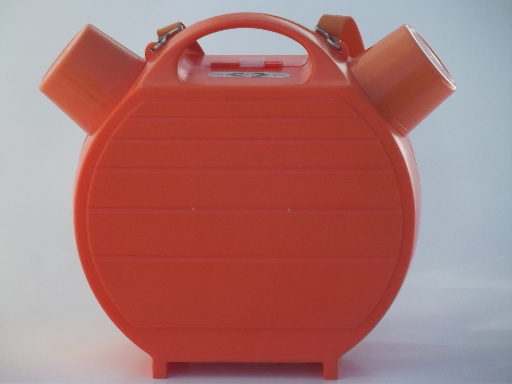 60s vintage orange plastic picnic canteen, double sided insulated cooler