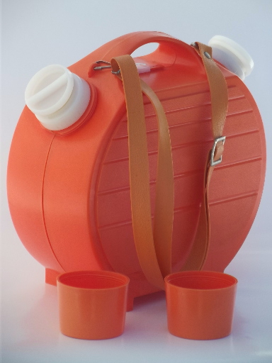 60s vintage orange plastic picnic canteen, double sided insulated cooler