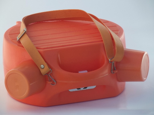 60s vintage orange plastic picnic canteen, double sided insulated cooler