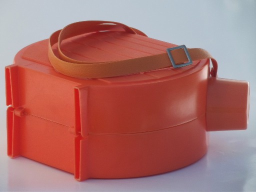 60s vintage orange plastic picnic canteen, double sided insulated cooler