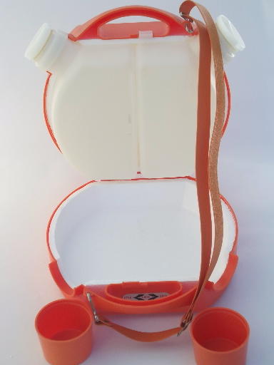 60s vintage orange plastic picnic canteen, double sided insulated cooler