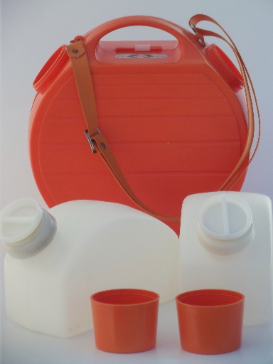 60s vintage orange plastic picnic canteen, double sided insulated cooler