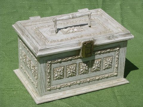 60s vintage ornate french provincial gold & white plastic sewing box