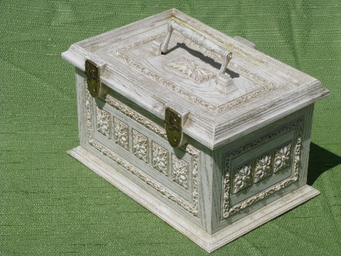 60s vintage ornate french provincial gold & white plastic sewing box