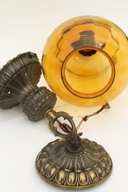 60s vintage pendant light w/ hand blown amber glass shade, retro swag lamp style