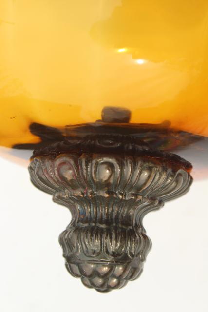 60s vintage pendant light w/ hand blown amber glass shade, retro swag lamp style